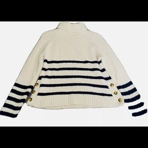 BRAND NEW Forever 21 White Turtleneck Navy Striped Gold Buttoned Comfy Sweater